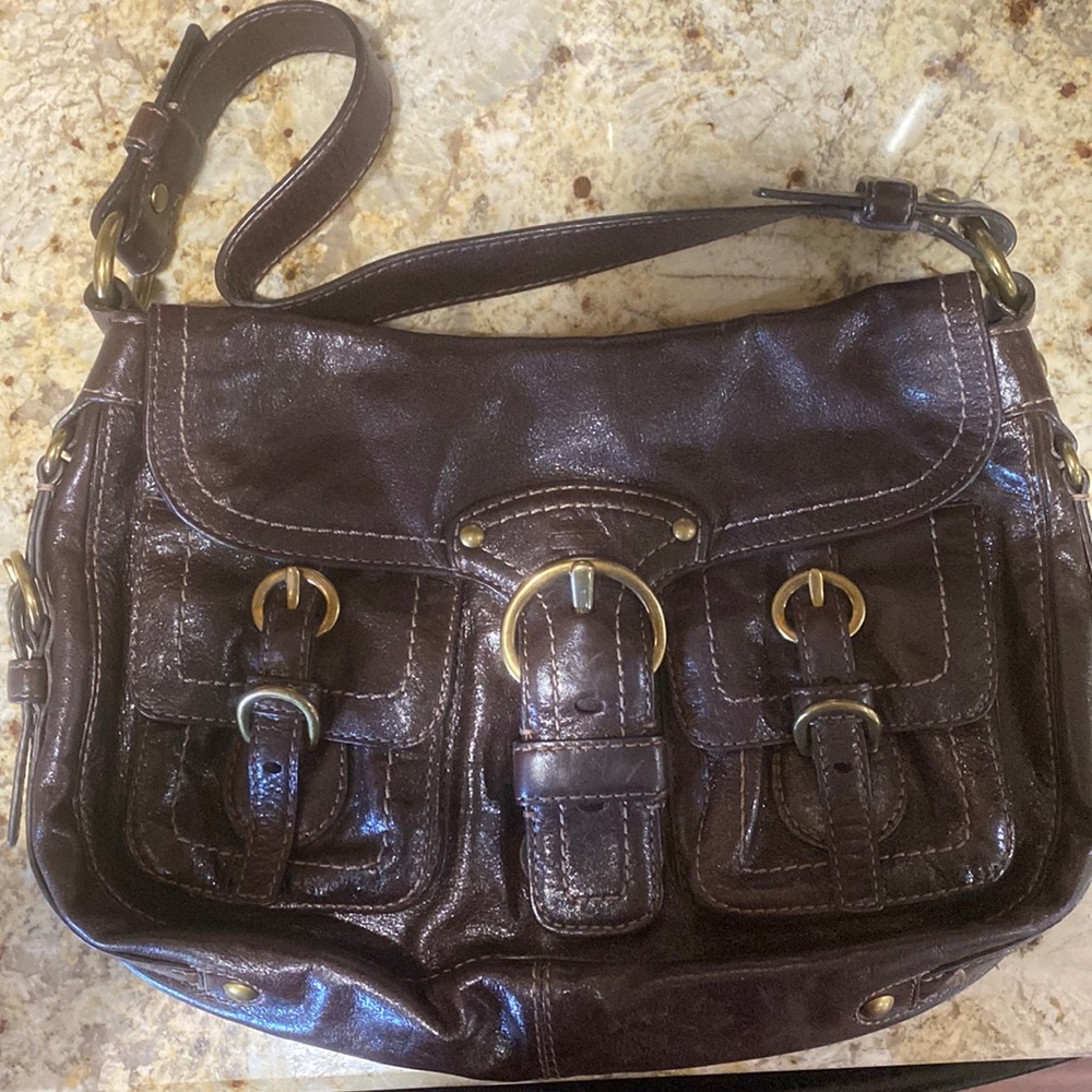 Coach Dark Brown Shoulder Bag with Gold Buckles